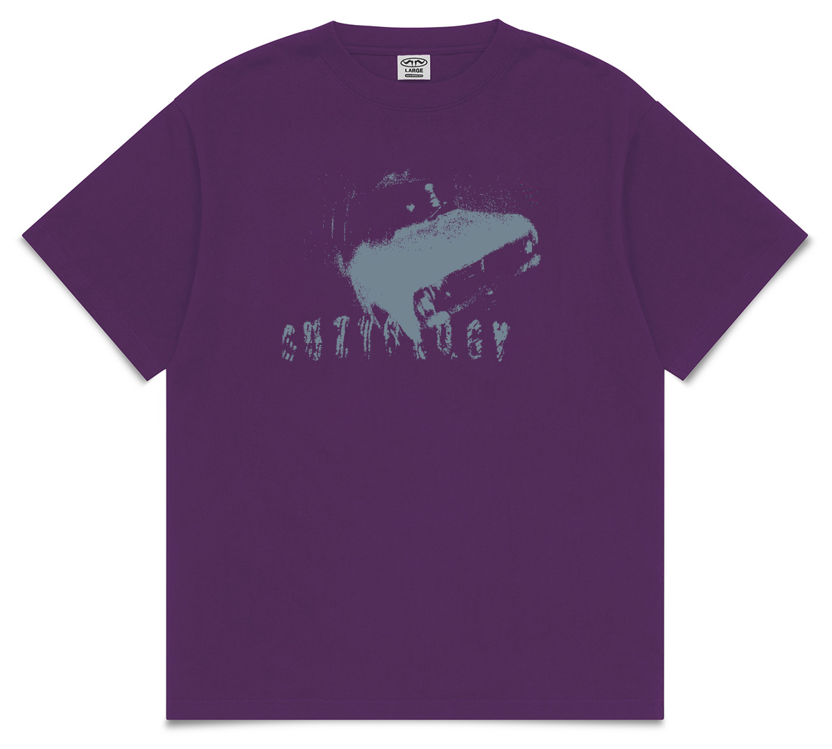 hr t-shirt purple — grey print flat lay