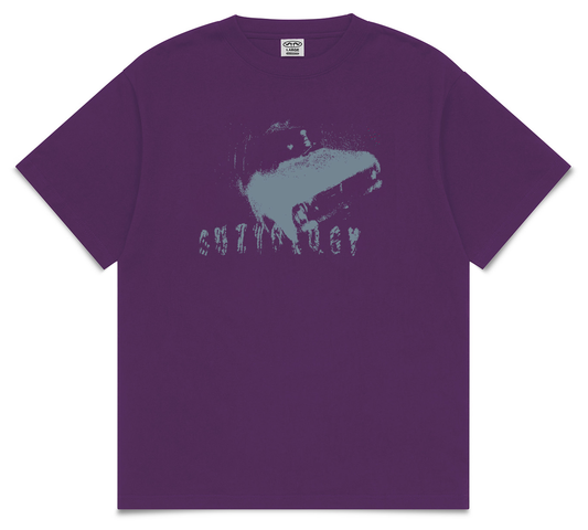 hr t-shirt purple — grey print flat lay